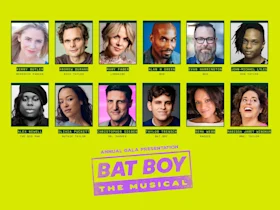 A grid of headshots with names and roles of the cast for "Bat Boy: The Musical" annual gala presentation on a bright yellow background.