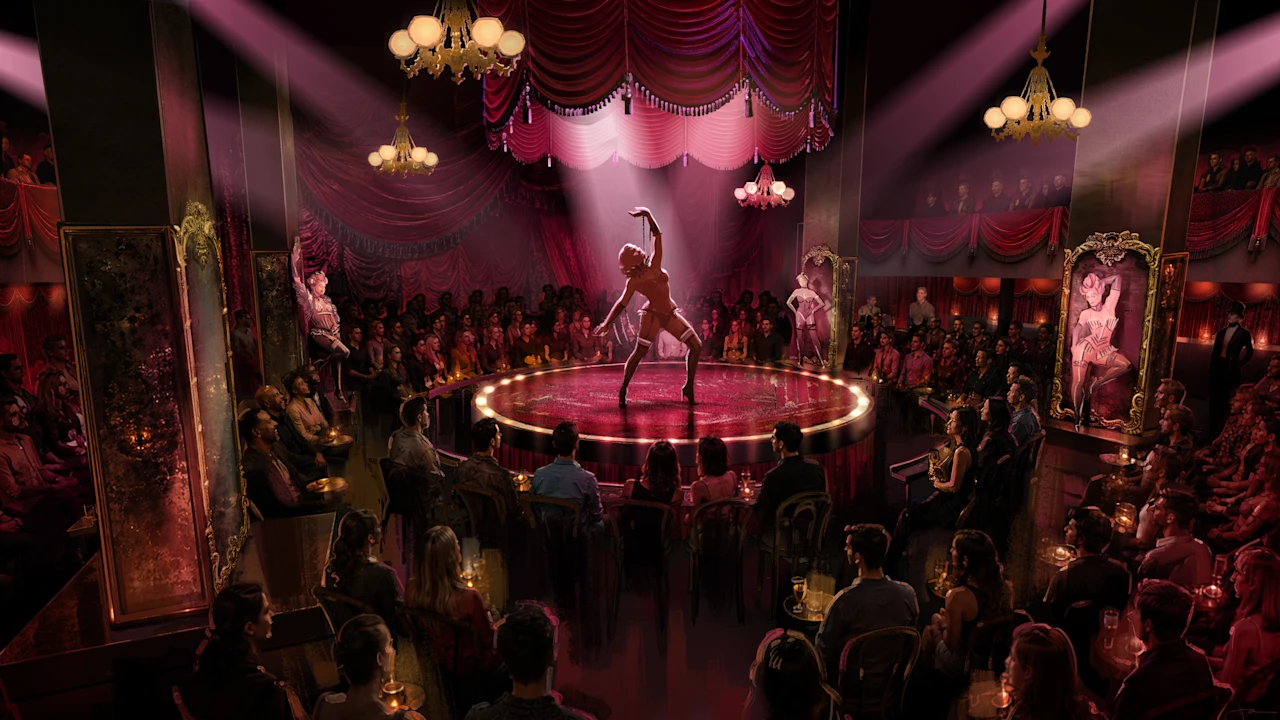A performer dances on a circular stage under spotlights, surrounded by an audience seated at tables in a lavish, dimly lit cabaret-style theater.