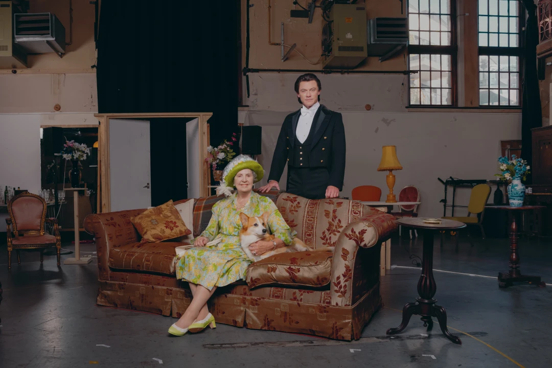 Production shot of Backstairs Billy in London, with Luke Evans as Billy and Penelope Wilton as The Queen Mother.