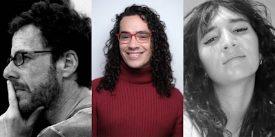 A black-and-white side profile of a man with glasses, a person with long curly hair and red glasses smiling, and a woman with long hair looking at the camera.