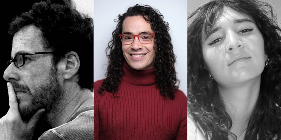 A black-and-white side profile of a man with glasses, a person with long curly hair and red glasses smiling, and a woman with long hair looking at the camera.