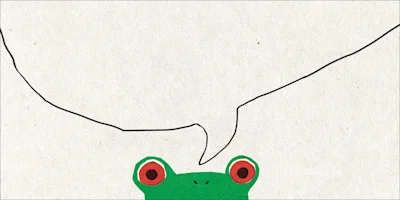 Illustration of the top part of a frog’s head with red eyes, beneath a large outlined speech bubble on a plain background.