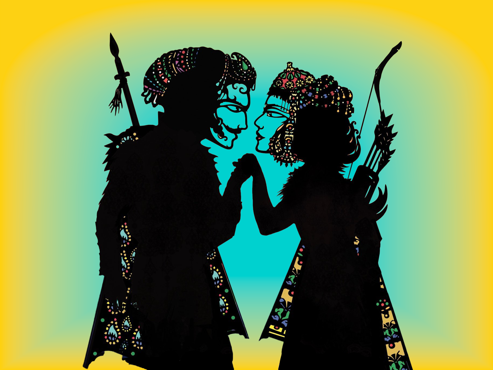 Two ornate puppet silhouettes, one with a spear and the other with a bow and quiver, face each other against a yellow and teal gradient background, appearing to hold hands.