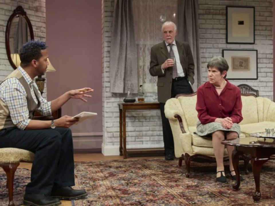 Production shot of An Unbuilt Life, with Susan Holliday as Agatha Ganner, JC Payne as Scott Bertram and David Bryan Jackson as Paul Carmichael.