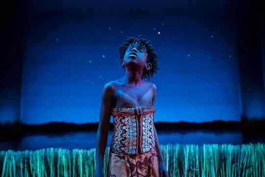A person in a colorful, patterned costume stands on stage under blue lighting, looking upward, with tall grass and a starry backdrop behind them.