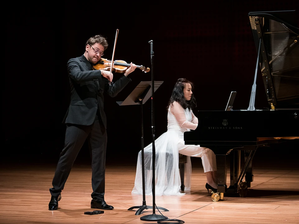 Production shot of The Chamber Music Society of Lincoln Center: Summer Evenings III in New York, with Violinist Alexander Sitkovetsky and Pianist Wu Qian.