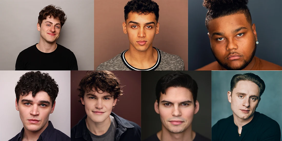 A collage of seven young men posed against plain or studio backgrounds, each looking directly at the camera with neutral or slight smiles.