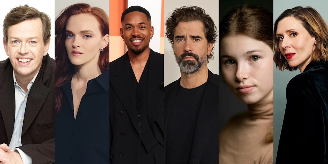 Six people of varying ages and styles, dressed in dark or neutral clothing, pose individually against plain or softly colored backgrounds.