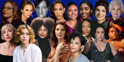 Group portrait of 16 women of diverse backgrounds and ages posed together against a blue background, all facing the camera.