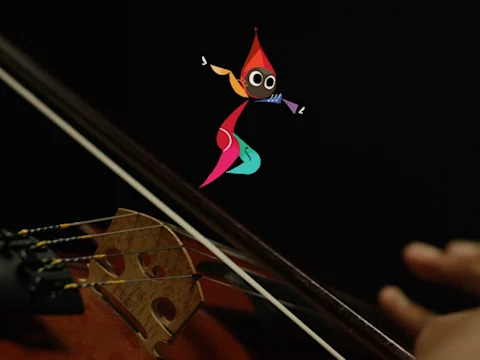 Close-up of a violin being played with a colorful, whimsical cartoon figure superimposed above the strings.