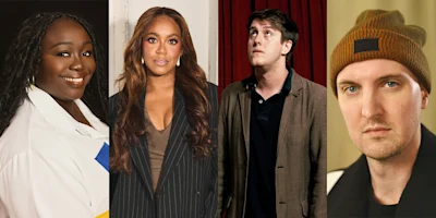 Four individuals are shown in a side-by-side collage; two women on the left dressed formally, and two men on the right, one wearing a brown jacket, and the other a beanie.