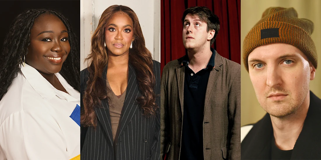 Four individuals are shown in a side-by-side collage; two women on the left dressed formally, and two men on the right, one wearing a brown jacket, and the other a beanie.