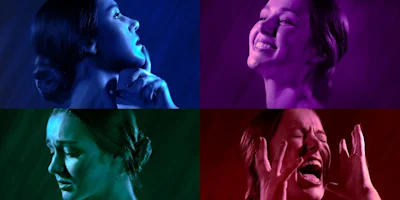 A collage of four portraits of a woman expressing different emotions: contemplation, happiness, sadness, and anger, each in a distinct colored lighting.