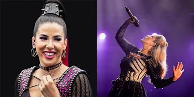Split image: On the left, a woman with a high ponytail and studded outfit smiles. On the right, a different woman sings passionately into a microphone on stage with dramatic lighting.