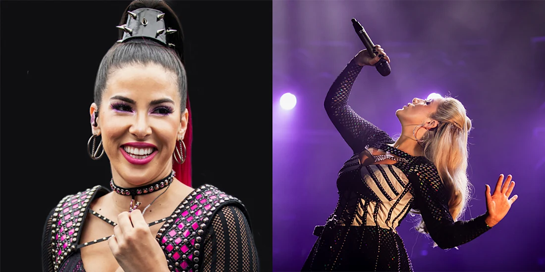 Split image: On the left, a woman with a high ponytail and studded outfit smiles. On the right, a different woman sings passionately into a microphone on stage with dramatic lighting.