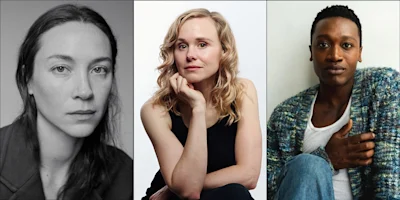 Three individual headshots of different people: a woman with dark hair, a woman with blonde hair, and a man with short hair wearing a knit cardigan.