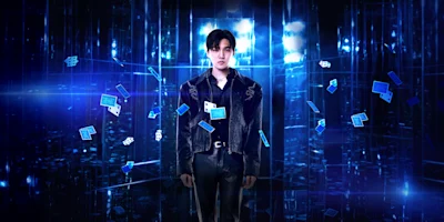 A person wearing black stands in a futuristic, blue-lit digital environment with floating playing cards surrounding them.