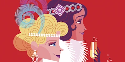 Two women in 1920s-style attire with headbands and jewelry, one holding a glass of champagne, against a red background.