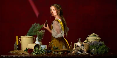 A woman in historical clothing holds a glass bottle at a table with herbs, jars, bottles, a mortar and pestle, a skull, and various plants, set against a deep red background.