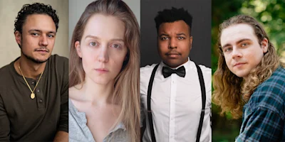 Four adults, each facing the camera in individual portraits; backgrounds vary from neutral to outdoor greenery.