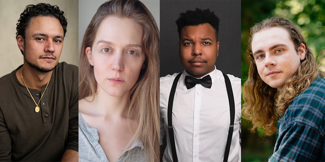 Four adults, each facing the camera in individual portraits; backgrounds vary from neutral to outdoor greenery.