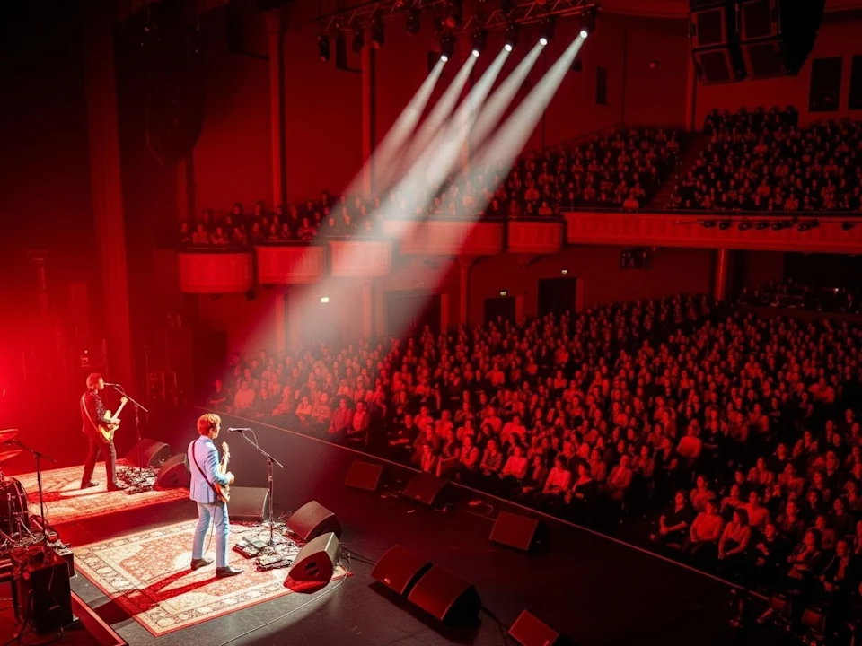 A band performs on stage under red lighting with a spotlight, facing a large seated audience in a theater.