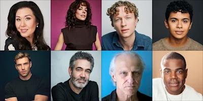 A grid of eight diverse adults, each posing for a headshot against colored backgrounds in a studio setting.
