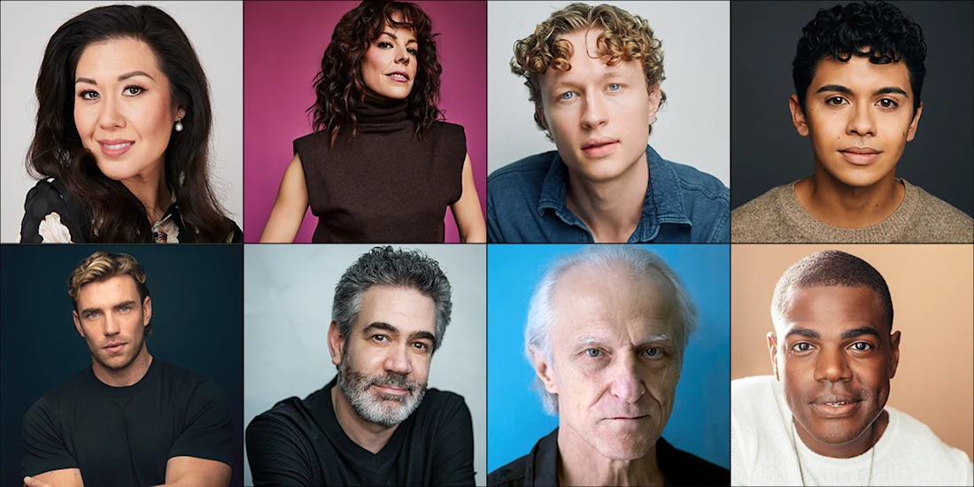 A grid of eight diverse adults, each posing for a headshot against colored backgrounds in a studio setting.