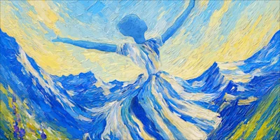 Impressionistic painting of a person in a flowing dress with arms outstretched, surrounded by blue mountains and a bright sky.