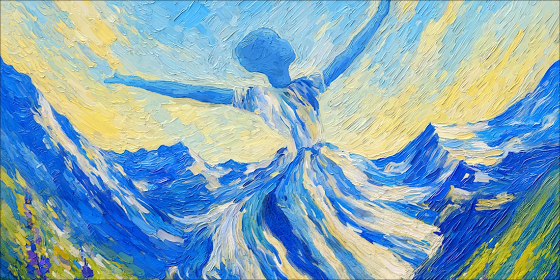 Impressionistic painting of a person in a flowing dress with arms outstretched, surrounded by blue mountains and a bright sky.