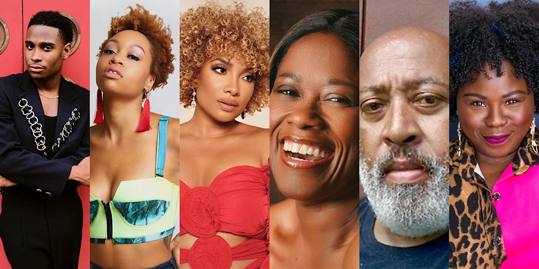 A group of six people, each shown in individual vertical segments, posing and smiling against various backgrounds.