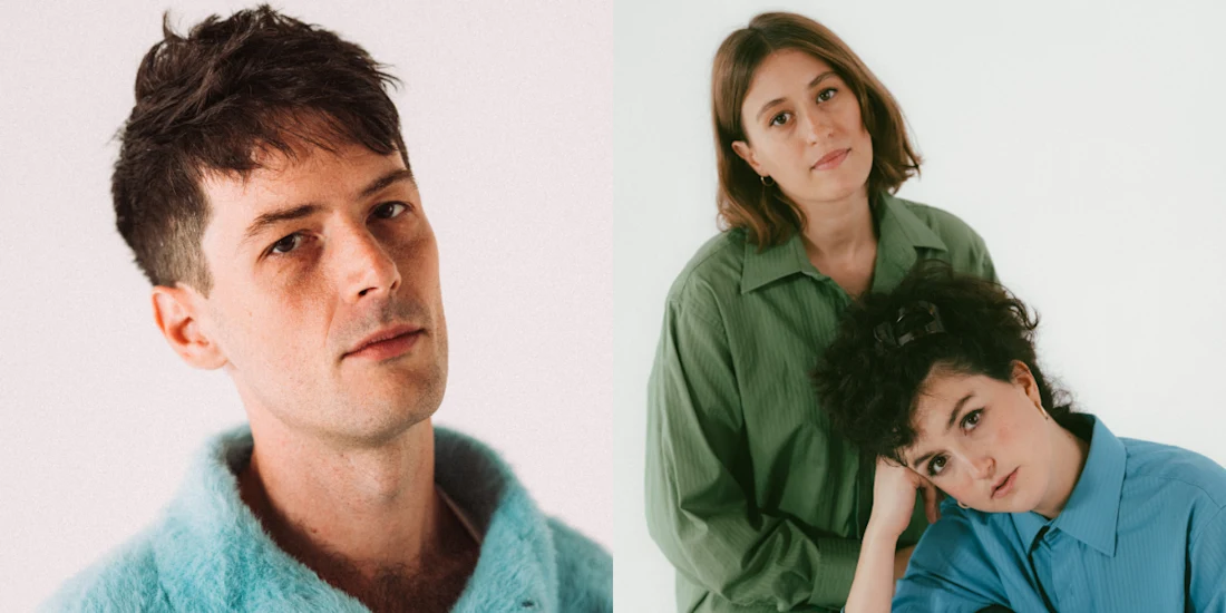 Split image: On the left, a man in a blue fuzzy top looks forward. On the right, two women in green and blue shirts pose, one standing and one leaning her head on the other’s shoulder.
