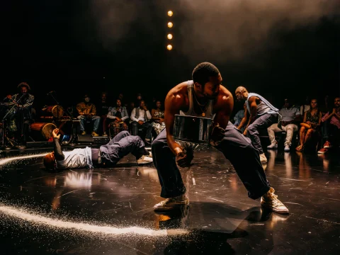 L-R: Alani iLongwe, Malcolm Mays and Sheaun McKinney in The Brothers Size at Geffen Playhouse. Directed by Bijan Sheibani. Photo by Jeff Lorch. 