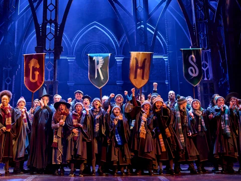 Production shot of Harry Potter And The Cursed Child: Both Parts in London, showing students cheer enthusiastically.