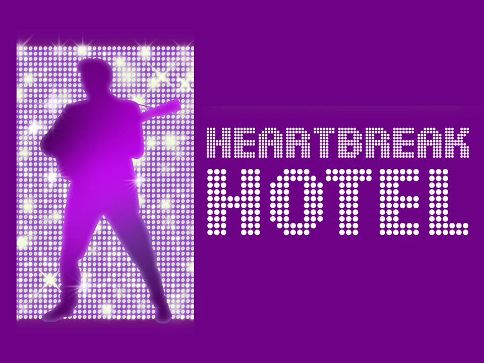 Purple silhouette of a person playing guitar beside the words "Heartbreak Hotel" in dotted lights, with a sparkling light pattern in the background.