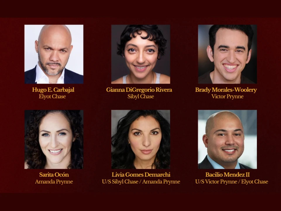 Production shot of Noël Coward's PRIVATE LIVES in San Francisco, with Hugo E. Carbajal as Elyot Chase, Gianna DiGregorio Rivera as Sibyl Chase, Brady Morales-Woolery as Victor Prynne, Sarita Ocón as Amanda Prynne, Livia Gomes Demarchi as U/S Sibyl /Amanda.