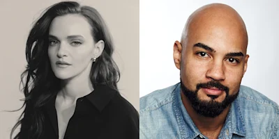 A split image showing a woman with long dark hair on the left and a man with a shaved head and beard on the right, both facing the camera.