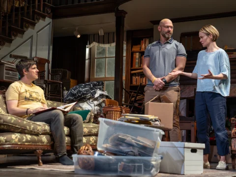 Production shot of Appropriate in New York, with Sarah Paulson as Toni, Michael Esper as Franz and Corey Stoll as Bo.