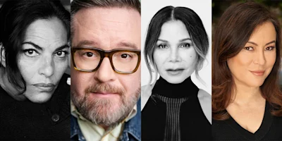 A split-image showing four people; two women in black and white, one man with glasses, and one woman in color, all facing the camera with neutral expressions.