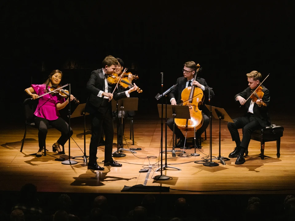 Production shot of The Chamber Music Society of Lincoln Center: Summer Evenings I in New York City withChad Hoopes, Kristin Lee, violin; Matthew Lipman, Paul Neubauer, viola; David Finckel, cello