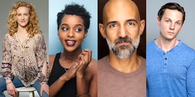 Four adults pose for individual portraits against plain backgrounds, each looking in different directions with neutral or slight expressions.