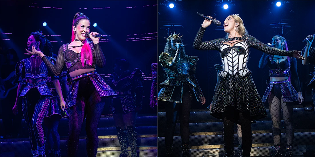 Two stage performers sing under blue and purple lighting, each flanked by backup singers in stylized costumes inspired by historical fashion.