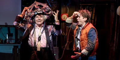 Roger Bart and Olly Dobson as Dr. Emmett Brown and Marty McFly in Back to the Future the Musical (Photo by Sean Ebsworth Barnes)