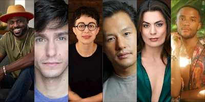 A composite image shows six adults of varied genders and ethnicities, each in a vertical portrait, facing the camera with neutral or slight expressions.