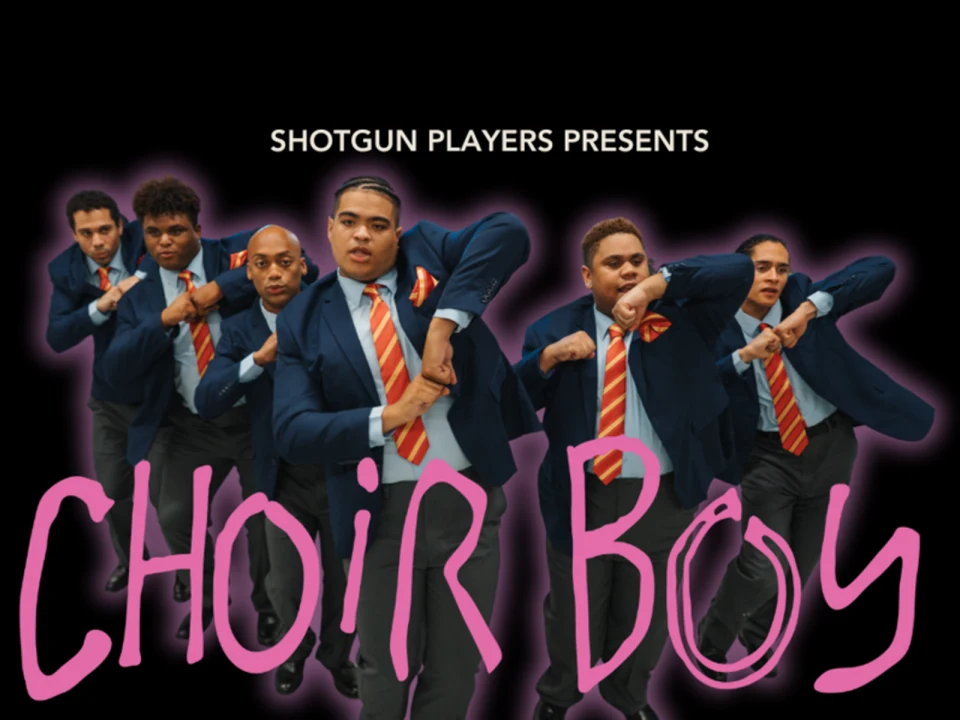 A group of five men dressed in blue blazers, striped ties, and khaki pants perform a synchronized dance routine. Text above reads "Shotgun Players Presents" and below in large letters, "Choir Boy.