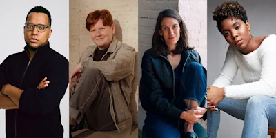 Four people sit or pose against light backgrounds, each facing the camera. They have different hair colors and styles and wear casual clothing in neutral tones.