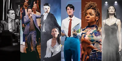 A collage of six stage performers in various costumes and settings, each representing different theatrical productions.