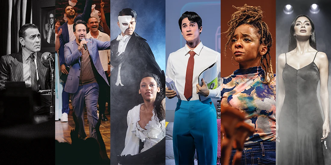 A collage of six stage performers in various costumes and settings, each representing different theatrical productions.