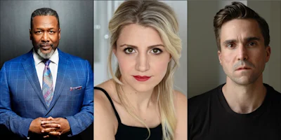 Three people are shown in separate portraits: a man in a blue suit, a woman with blonde hair, and a man in a black shirt, all looking directly at the camera.