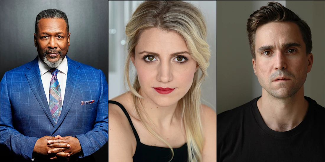 Three people are shown in separate portraits: a man in a blue suit, a woman with blonde hair, and a man in a black shirt, all looking directly at the camera.